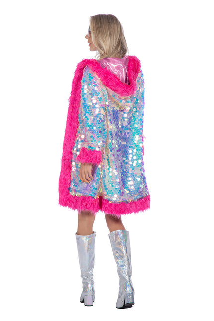 Chaqueta larga de lentejuelas holográficas con pelo