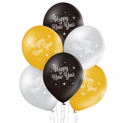 Globos de «Feliz Año Nuevo» en negro, dorado y plateado con forma de tarta, 30 cm, 10 unidades