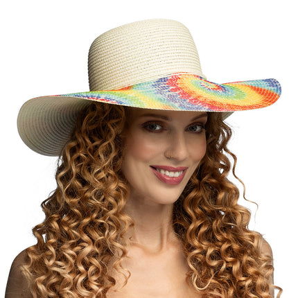 Sombrero blanco para el sol con flecos teñidos de arco iris
