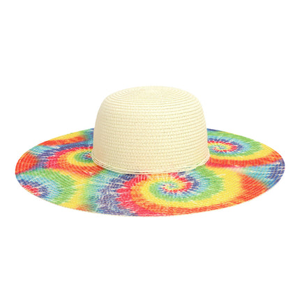 Sombrero blanco para el sol con flecos teñidos de arco iris