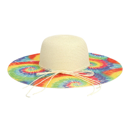 Sombrero blanco para el sol con flecos teñidos de arco iris