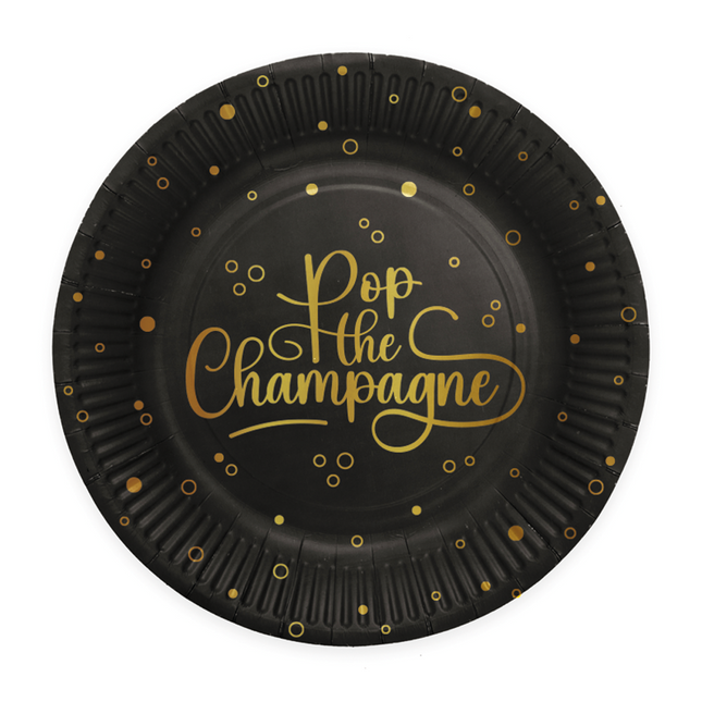 8 Platos de papel - 23 cm - Pop the Champagne - negro