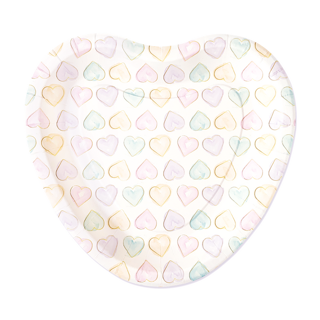 8 Platos de papel Forma de corazón 23cm -Acuarelas Corazones
