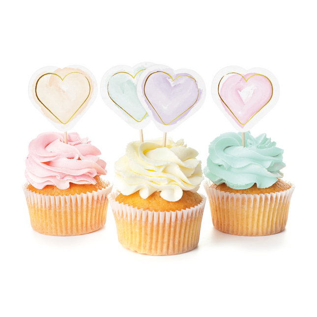 12 Pinchos para tartas - Corazones Acuarela