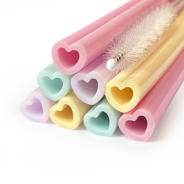 8 Pajitas de silicona reutilizables 9 mm x 195 mm - Corazones de acuarela