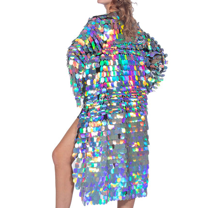 Chaqueta Plateada Damas Lentejuelas Largas