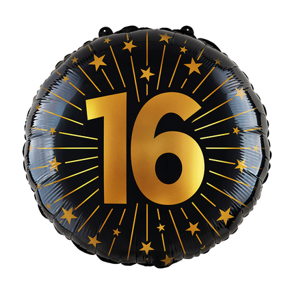 16 Años Globo de Helio Negro Oro Vacío 45cm