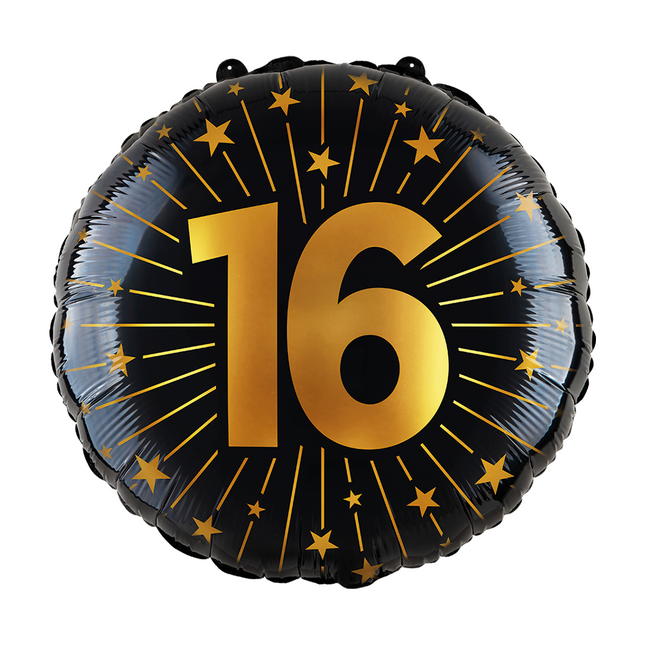 16 Años Globo de Helio Negro Oro Vacío 45cm