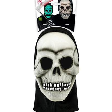 MÁSCARA DE CALAVERA CON CAPUCHA - LÁTEX QUE BRILLA EN LA OSCURIDAD