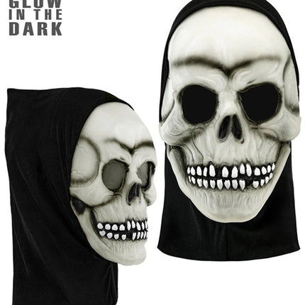 MÁSCARA DE CALAVERA CON CAPUCHA - LÁTEX QUE BRILLA EN LA OSCURIDAD