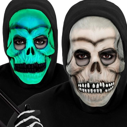 MÁSCARA DE CALAVERA CON CAPUCHA - LÁTEX QUE BRILLA EN LA OSCURIDAD