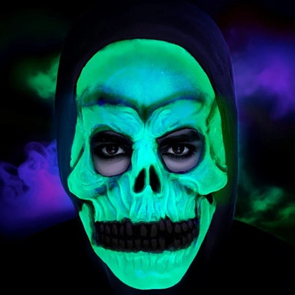 MÁSCARA DE CALAVERA CON CAPUCHA - LÁTEX QUE BRILLA EN LA OSCURIDAD