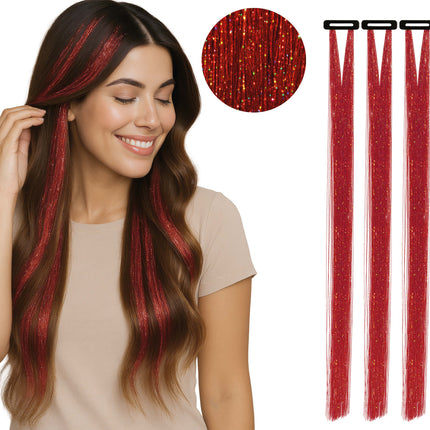 Extensión de pelo rojo purpurina 50cm 3pcs
