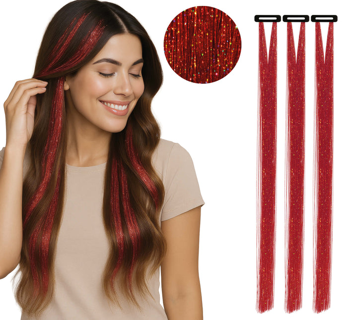 Extensión de pelo rojo purpurina 50cm 3pcs