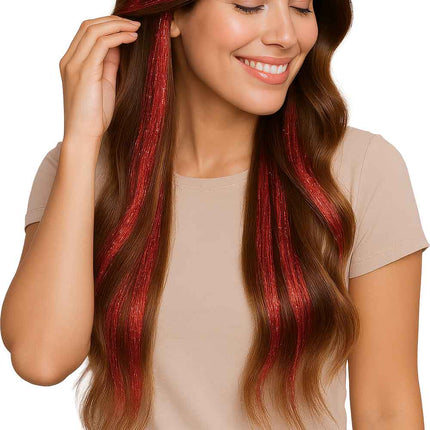 Extensión de pelo rojo purpurina 50cm 3pcs