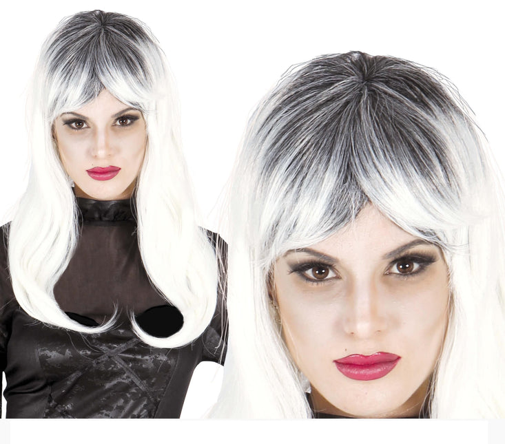Peluca de Halloween Pelo Largo Negro Blanco