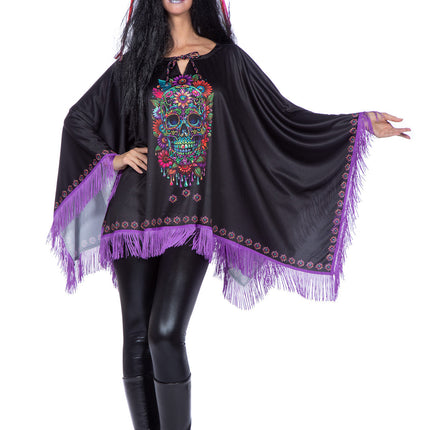 Poncho Día De Los Muertos Negro Morado