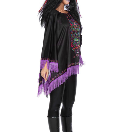 Poncho Día De Los Muertos Negro Morado