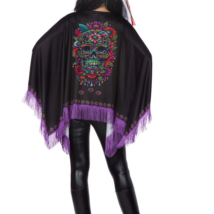 Poncho Día De Los Muertos Negro Morado