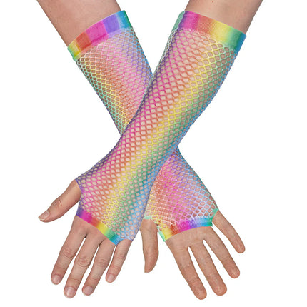 Un par de guantes hasta el codo, de malla y con diseño de arcoíris