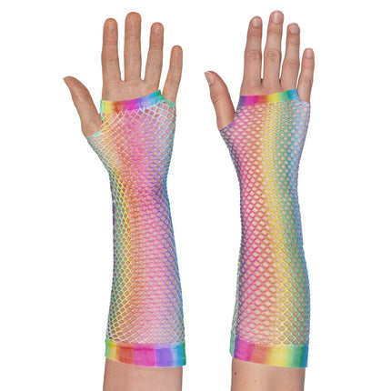 Un par de guantes hasta el codo, de malla y con diseño de arcoíris
