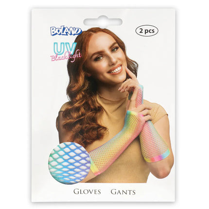 Un par de guantes hasta el codo, de malla y con diseño de arcoíris