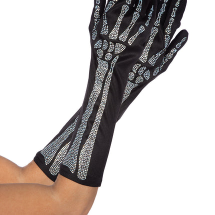 Guantes Esqueleto Negro Plata Strass
