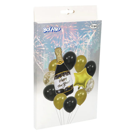 Set de globos «Feliz Año Nuevo» (2 globos de aluminio, 10 globos de látex, una pajita y una cinta de 10 m)