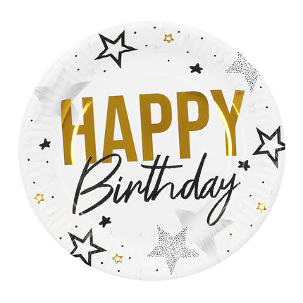 Juego de 8 platitos de papel «Happy birthday» (Ø 23 cm)
