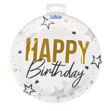 Juego de 8 platitos de papel «Happy birthday» (Ø 23 cm)