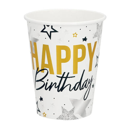Lote de 8 vasitos de papel «Happy birthday» (25 cl)