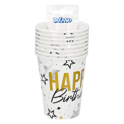 Lote de 8 vasitos de papel «Happy birthday» (25 cl)