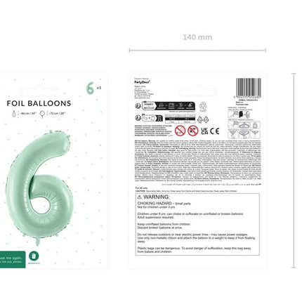 6 Jaar Cijfer Ballon Mintgroen Leeg 72cm van Partydeco koop je bij Partywinkel