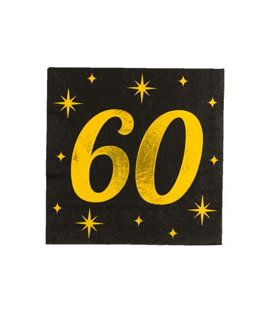 60 Jaar Servetten Zwart Goud 19cm 16st - Partywinkel - 8716764238260