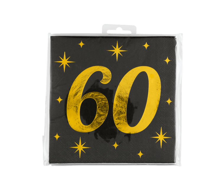 60 Jaar Servetten Zwart Goud 19cm 16st - Partywinkel - 8716764238260