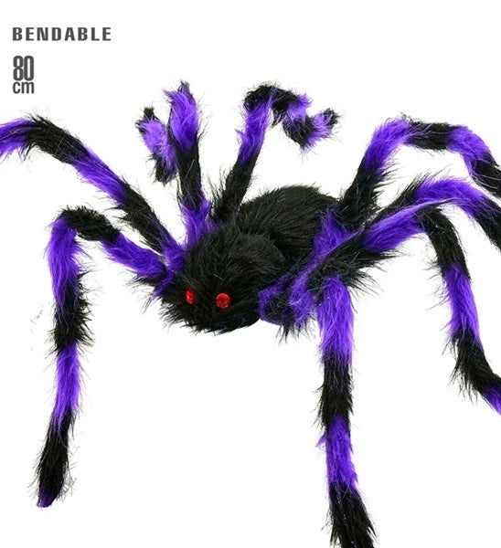 Araña peluda negra y morada con patas flexibles