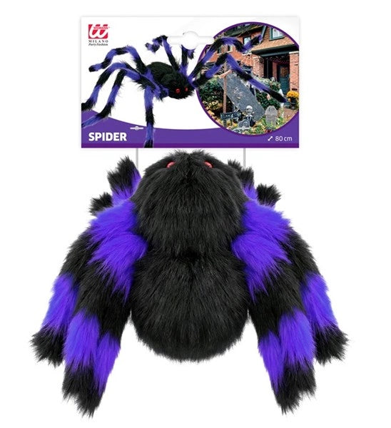 Araña peluda negra y morada con patas flexibles