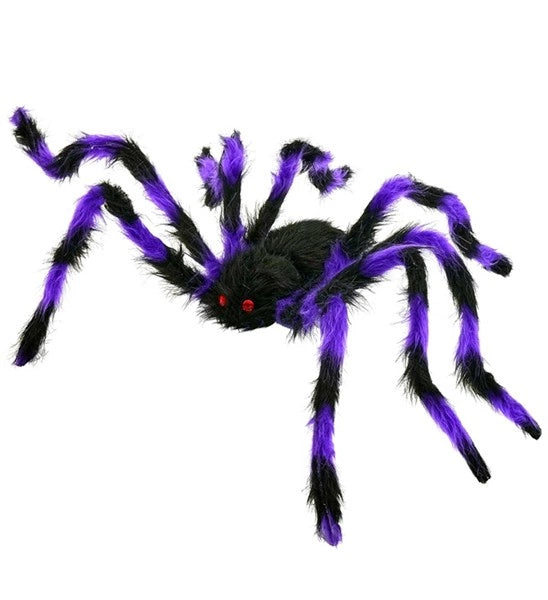 Araña peluda negra y morada con patas flexibles