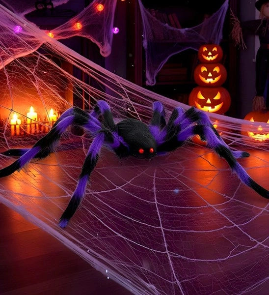 Araña peluda negra y morada con patas flexibles