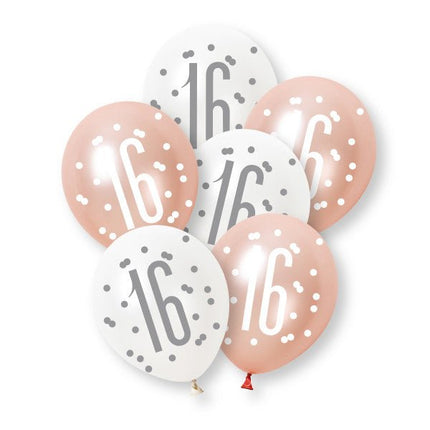 6ct Glitz Rose Gold Number 16 Assorted Platinum & Pearl Premium 30cm Latex Balloons van Unique koop je bij Partywinkel