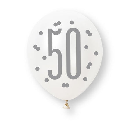 6ct Glitz Rose Gold Number 50 Assorted Platinum & Pearl Premium 30cm Latex Balloons van Unique koop je bij Partywinkel