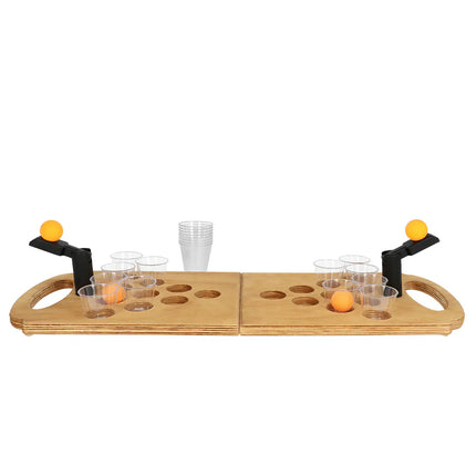 Juego de tragos «Shot Pong» (tablero de madera plegable, 2 lanzadores, 4 bolitas, 12 vasos de chupito)