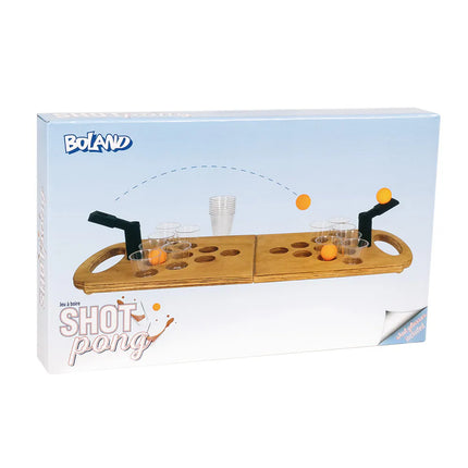 Juego de tragos «Shot Pong» (tablero de madera plegable, 2 lanzadores, 4 bolitas, 12 vasos de chupito)