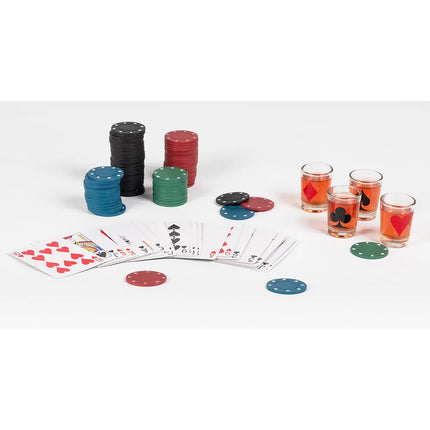 Juego de póquer para beber (120 fichas de póquer, 1 baraja de cartas, 4 vasos de chupito)