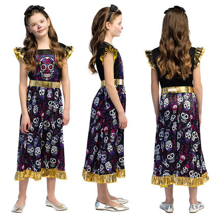 Dia De Los Muertos Vestido Niña Mangas Volantes