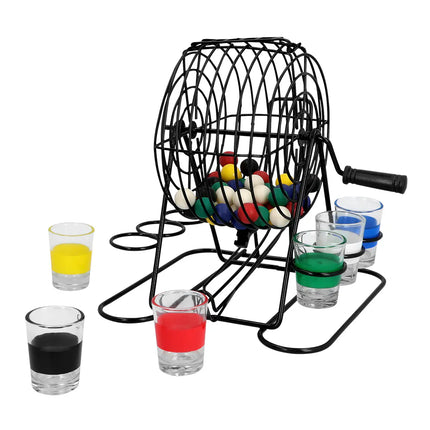Juego de tragos «Bingo shots» (rueda de bingo de metal, 48 bolitas, 6 vasos de chupito)