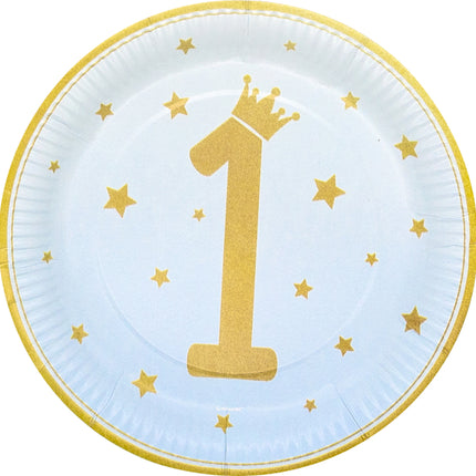 Platos Azules 1 Año Estrellas Doradas 23cm 8pcs