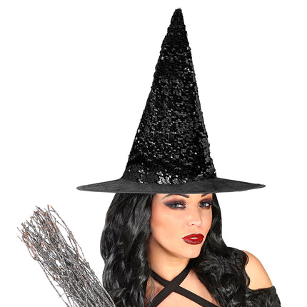 Sombrero de bruja negro plateado