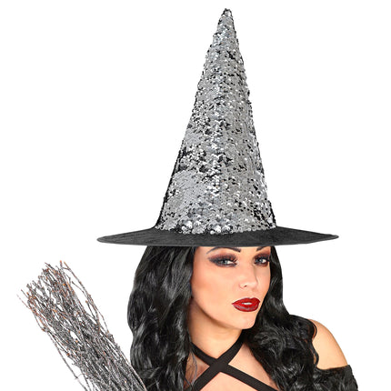 Sombrero de bruja negro plateado