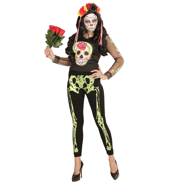 Legging Halloween Verde Neón Esqueleto